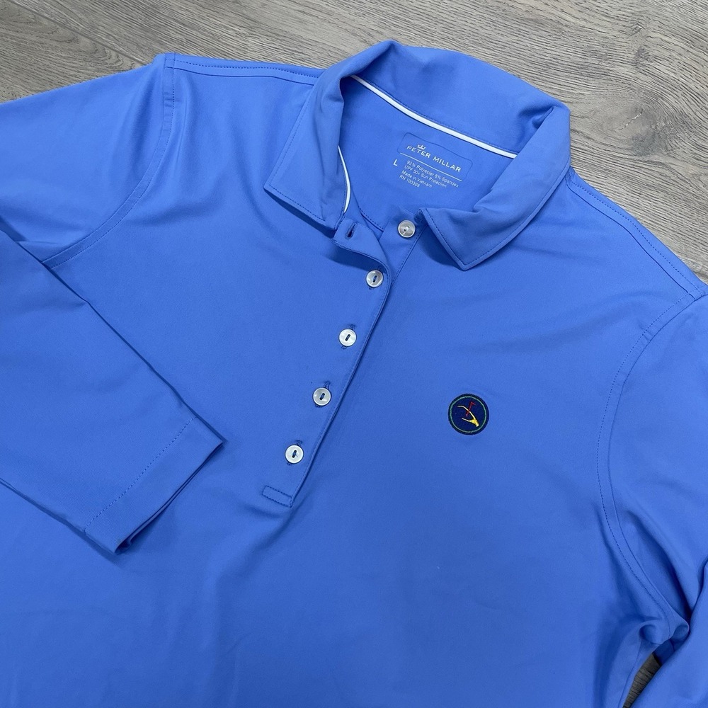 Peter Millar Eagle Point Golf Club Women's Polo Sz L L/S Blue Golf Preppy